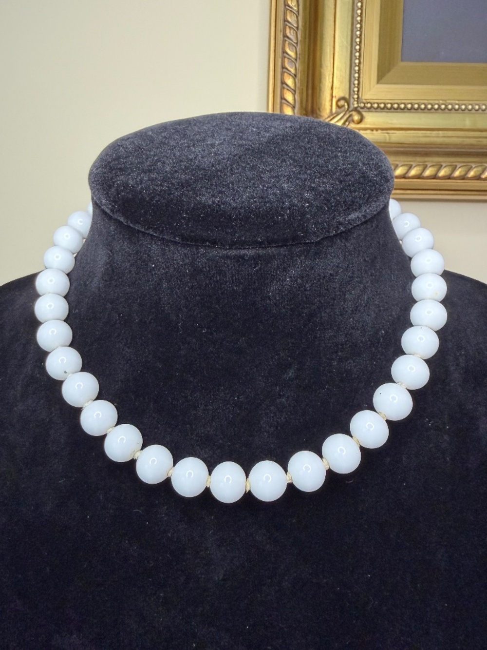 Vintage MCM White Milk Glass Beaded Choker Necklace 13" Long Signed JAPAN